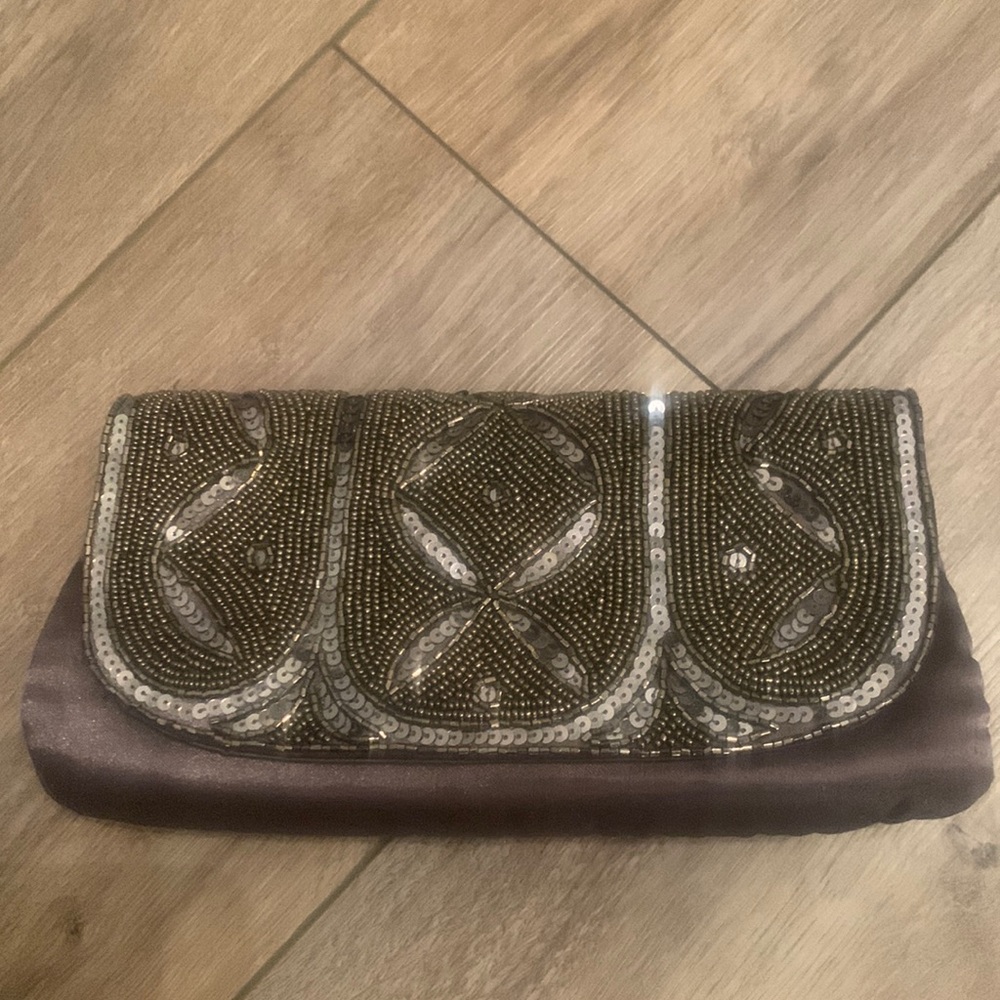 Bead and sequin grey clutch